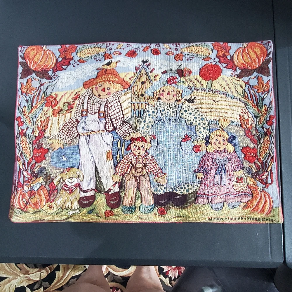 4 Scarecrow Placemats By Grigs Fall Autumn Pumpkins Dog Tapestry Cute 2001 Vtg